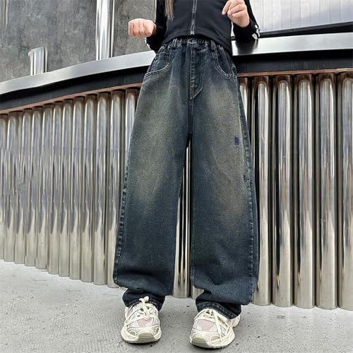 Girls Denim Pants Elastic High Waist Straight Baggy Wide Leg Jeans Teens Kids Casuall Trousers2