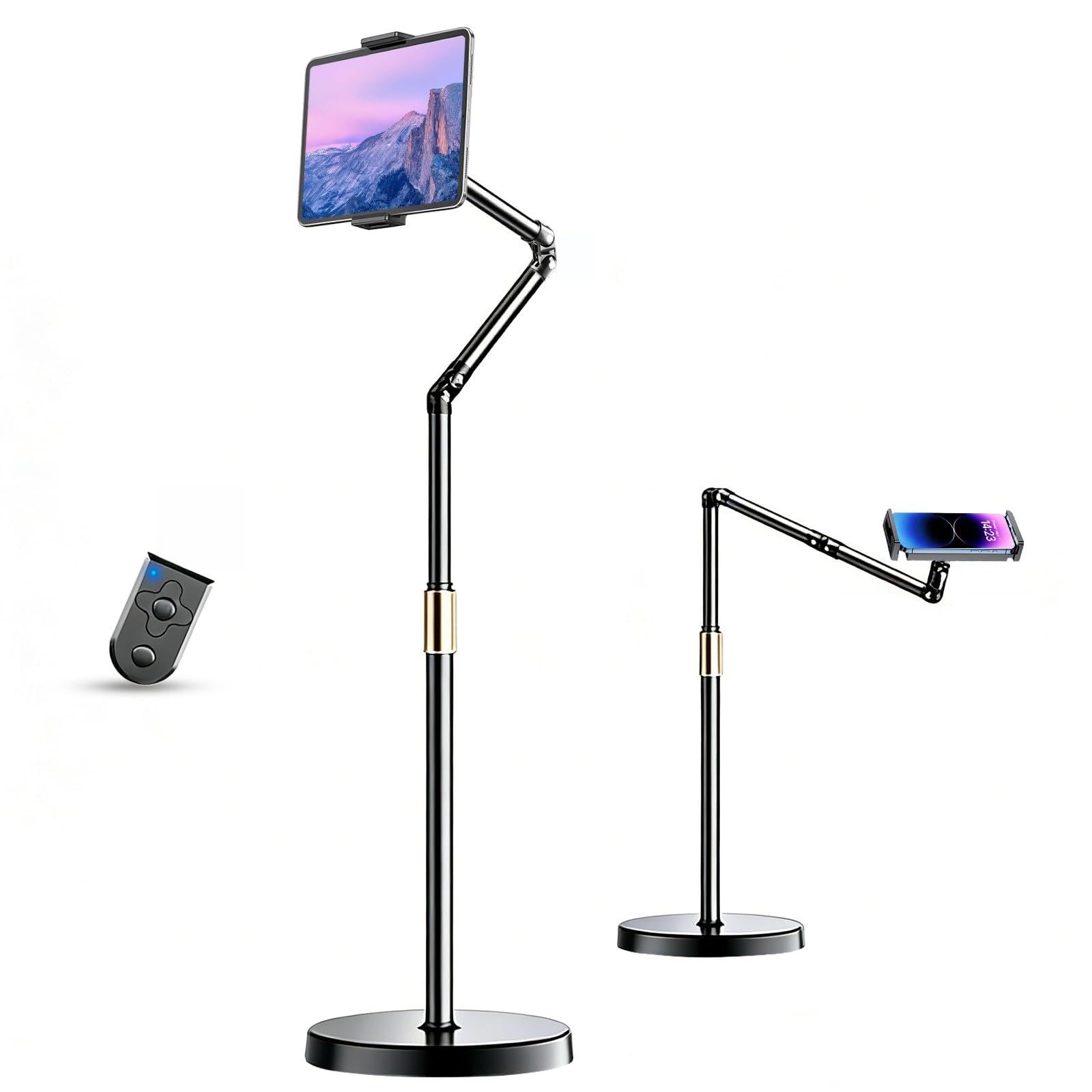 iBooMas iPad Stand Tablet Floor Stand with Wireless Remote Full-Angle Adjustable Overhead Phone Mount for Bed 66 Tall