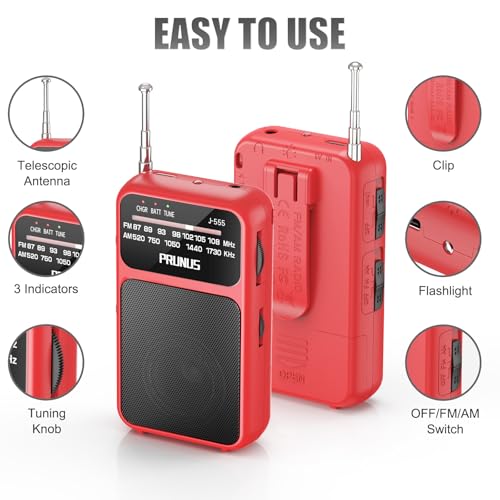 Image of PRUNUS J-555 Pocket Radio AM FM USB-C Charging& Battery Operated, Excellent Reception& Clear Speaker and Headphone Jack, Back Clip, Flashlight, Transistor, Portable AM FM, Mini