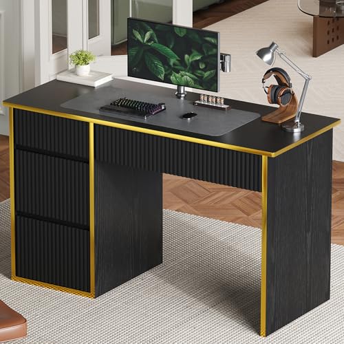 4 EVER WINNER Computer Desk with Drawers 47 Fluted Small Desk for Bedroom Wood Office Desk with File Drawers for Study Living Room Black and Gold