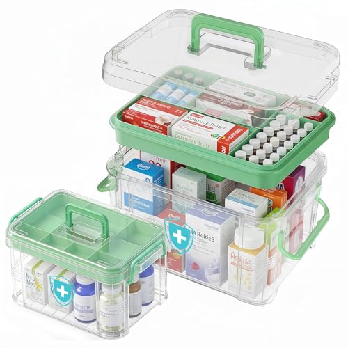 Image of ANYPROLUS 2 Pack Clear Medicine Organizer Box with Handle, Plastic Medicine Container with Tray First Aid Box Empty, Thickened Medicine Storage Organizer Multipurpose Medication Organizer Storage