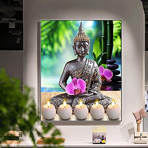 Peinture Bouddha moderne pour salon | Grand tableau zen fleur bougie