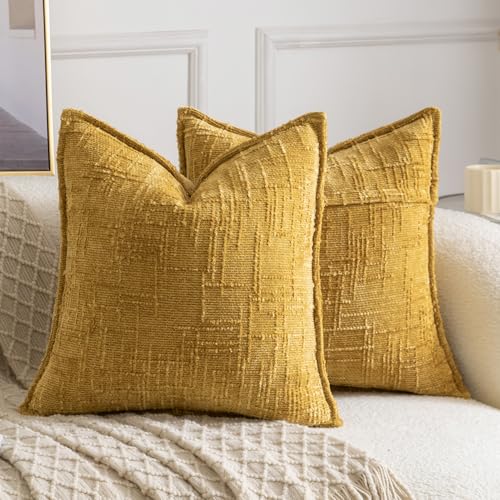 Image of MADIZZ Pack of 2 Chenille Throw Pillow Covers 18x18 Inch Yellow Soft Neutral Decorative Throw Pillows for Couch Sofa Boho Accent Cushion Covers Modern Farmhouse Home Decor for Bedroom Living Room