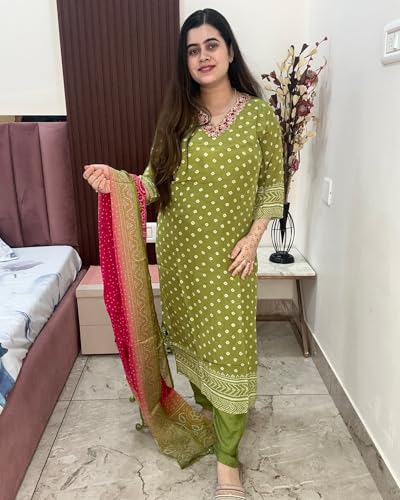 Image of GoSriKi Women's Rayon Viscose Printed Straight Kurta with Pant & Dupatta