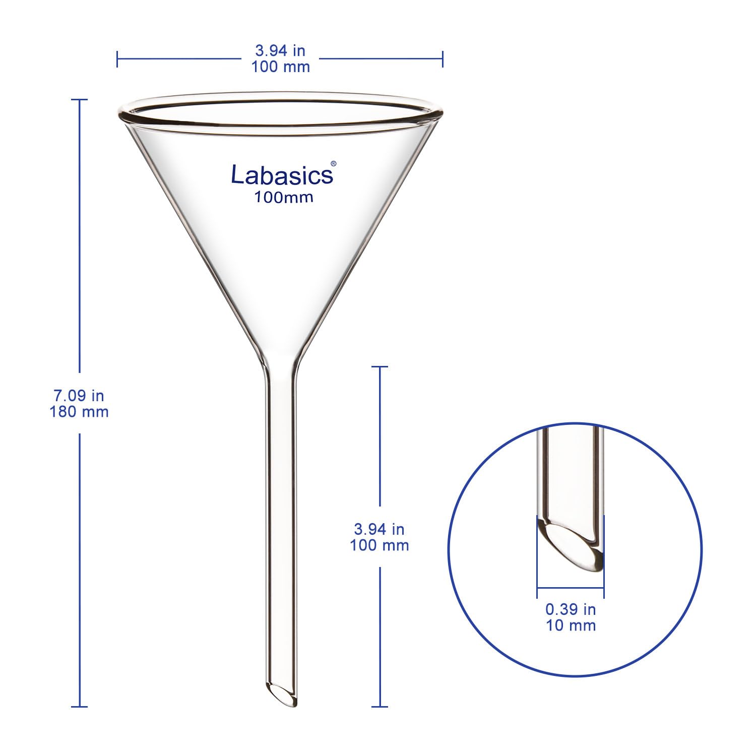 Labasics Borosilikatglas Trichter, 2er-Pack Schwere Glaswand Trichter Glass Funnel Kurzer Stiel 100 mm Durchmesser, 100 mm Stiellänge