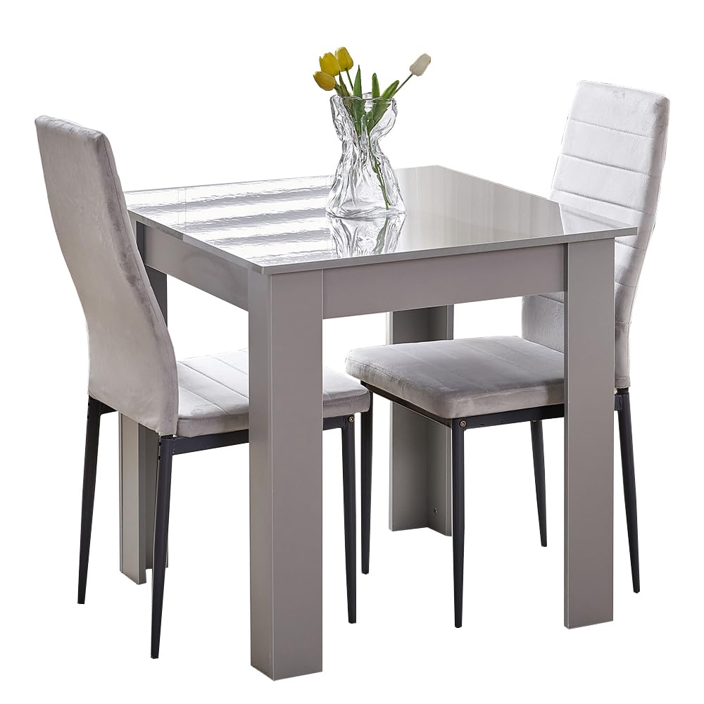 Rainbow Tree Modern 3 Piece Dining Room Table and Chairs Set, Wooden Square Table with 2 Chairs for Small Space Apartment Space Saving (Grey Table+2 Grey Velvet Chair) — image 1
