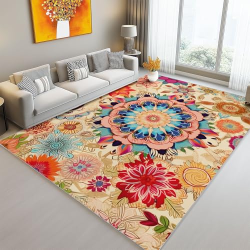 Alfombra De Moda Abstracto Mandala Flores botánicas, Decoración Moderna para El Hogar, Color Naranja Alfombra con Estampado Rectangular, Alfombras Lavables Suaves 60 x 120 cm para Sala Estar