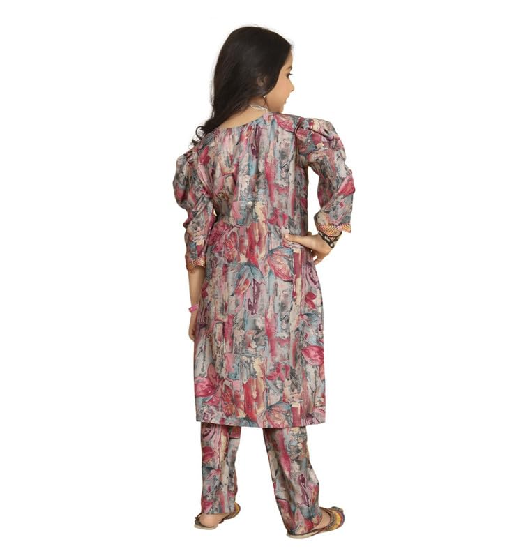 Image of Girl's Maslin Embrodrery Lace Aliya Cut Top with Bottom Dupatta Set (Multicolor, 13-14-Yrs)-PID61092