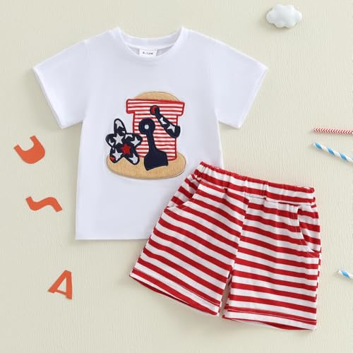 Image of 4th Of July Toddler Boy Outfit Popsicle American Flag T-Shirt and Gingham Plaid Shorts Set Independence Day Clothes