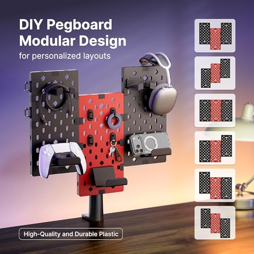 Image of PEGZONE Modular Headphone and Controller Holder for Game, Clamp-on Pegboard, Rotatable Controller Stand with Cable Hooks, Gaming Accessory for Xbox PS5 PS4 Nintendo Switch, 3Pcs Pegboard, Red