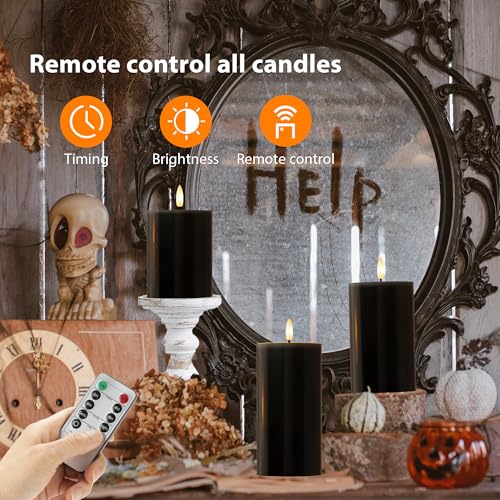 Image of Black Flameless Candles, Halloween Candles with Remote, Battery Operated Gothic LED Candles, Real Wax Flickering Flameless Pillar Candles for Home, Party, Halloween, 3 Pack