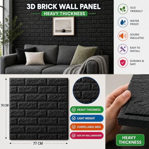 Image of 3D Brick Wallpaper for Wall | Self Adhesive PE Foam DIY Panel | Peel & Stick Decor for Home, Living, Bedroom & Office (70 x 77 cm, Appx 5.8 Sq Ft) (15, Black)