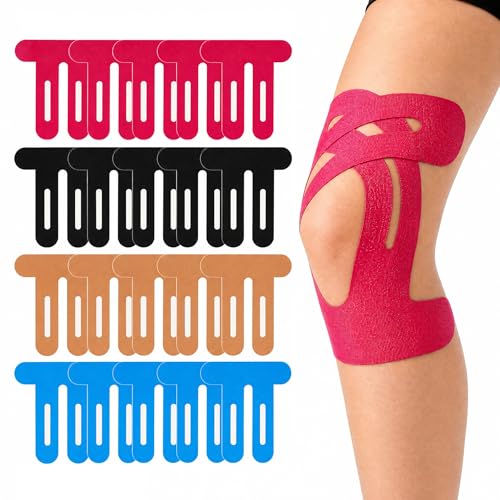 Kinesiotape Vorgeschnitten Set für Knie - 20 Streifen 4 Farben mit 10 Alkoholtupfern & Schere Wasserfestes Baumwolle Sporttape Knee Tape für Gelenkstabilität und Regeneration für Läufer und Sportler