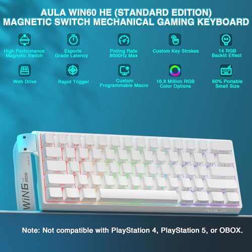 Image of Aula WIN60 HE - 60% Mechanical Gaming Keyboard Wired, Hall Effect Magnetic Switch Hot Swappable, Adjustable Actuation RT Mode, 8000 Hz Polling Rate, RGB Keyboard 60 Percent Compact Design for PC