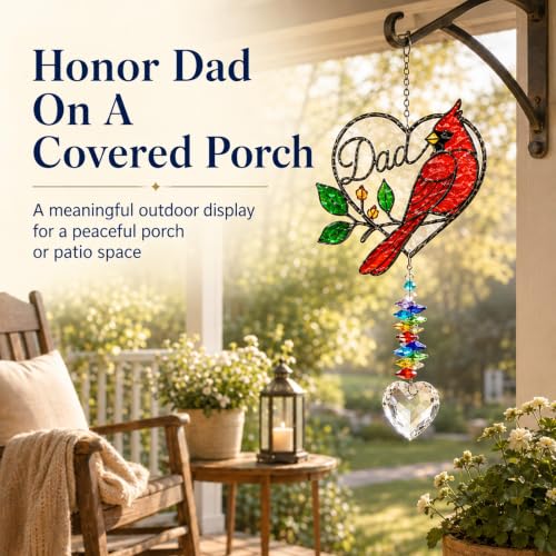 Image of Dad Memorial Ornament, Acrylic Heart Cardinal Suncatcher with Crystal Pendant, Stained Glass Style Christmas Tree Hanging Decor, Sympathy Gift for Loss of Father, Bereavement Remembrance Gift