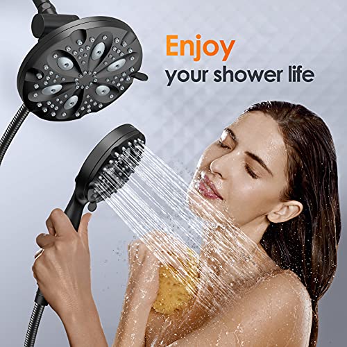 Shower Head Combo-Watersong 14 Settings 7'' Rain Showerhead+5'' Handheld Shower Spray With Build In Power Wash, 6.5Ft Hose/Adjustable Mount For Bath Massage Spa, 3-Way Diverter, Matte Black #TOP6