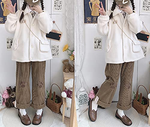 Image of Cute Cat Paw Embroidery Japanese Style Lolita Loose Corduroy Wide Leg Pants Casual Trousers (Brown, Small)