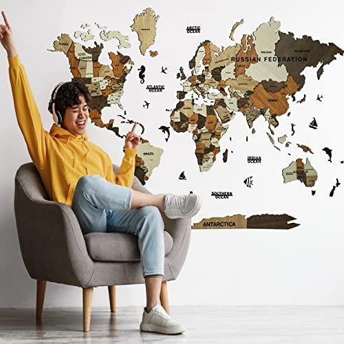 Image of Woodsify 3D Wooden World Map Wall Decor, Large Standard Colorful World Map Wall Decor Wooden for Office Wall Decoration Items, Corporate Gift, Travel World Map Diwali Gift (STANDARD, L - 59 inch*35 inch)