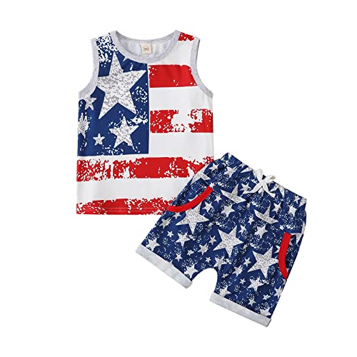 Image of Noubeau 4th of July Toddler Boys Outfits American Flag Tank Tops Patriotic T-Shirts Tees Star Pocket Drawstring Shorts