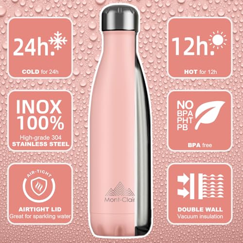 Image of Mont-Clair Stainless Steel Water Bottle, Vacuum insulated - BPA Free, 12h Hot & 24h Cold Drinks, Metal Water Bottle 34 oz Leakproof, Ideal for Adult, Kids, Running - Mellow Rose