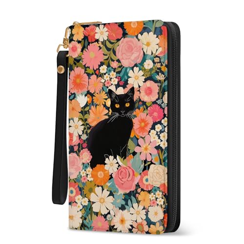 Cat Womens Wallet,Black Cat Wristlet Wallet for Women RFID Blocking,Ladies Purse with Zip Around Credit Card Phone Holder, Travel Capacity Women's Wallets Hand Strap, Flower Bush Clutch Organizer