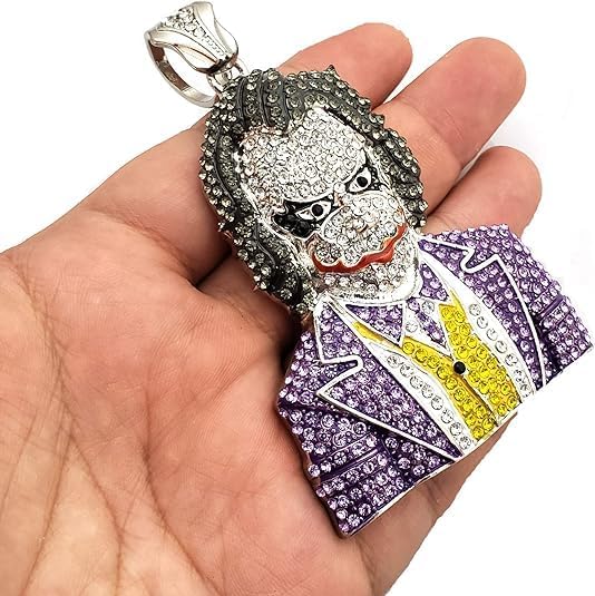 Iced Gold Silver Plated Large Joker Cubic Zirconia Bling Pendant 16" ~ 30" Cuban Chain Hip Hop Style Jewelry Necklace Gift for Men, Women