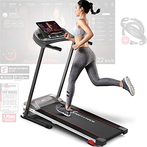 Sportstech F10 Cinta de Correr Modelo 2020 + Video Eventos y App multijugador - Nueva Consola - | 1HP a 10 km/h | Cinta de Andar con 13 programas, inclinable + Plegable (F10_REDE)