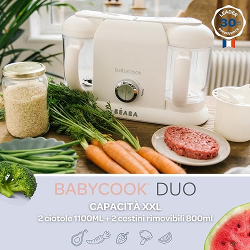 BÉAba - Babycook Duo, Cuocipappa Omogeneizzatore, Cottura A Vapore Rapida In 15 Minuti, Capacità Xxl 2200 Ml, Robot Per Pappe 4 In 1, Neonato E Bambino, Bianco/Argento - 2