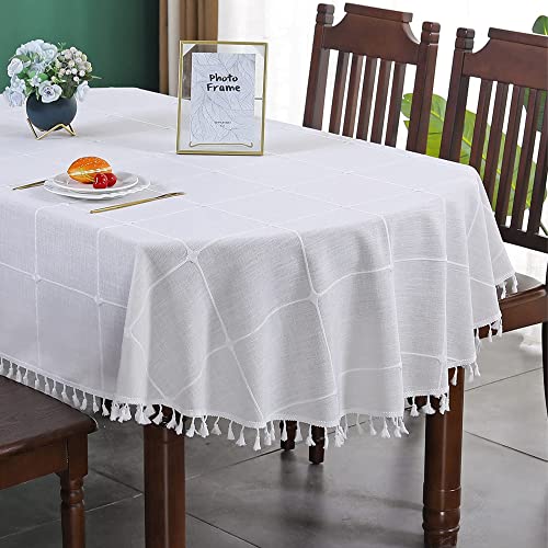 Farmhouse Checkered Embroidery Lattice Oval Tablecloth With Tassel Heavy Duty Rustic Fabric Table Cover Wrinkle Resistant Washable Kitchen Dining Party Wedding Decoration 60 X 84 Inch #TOP23