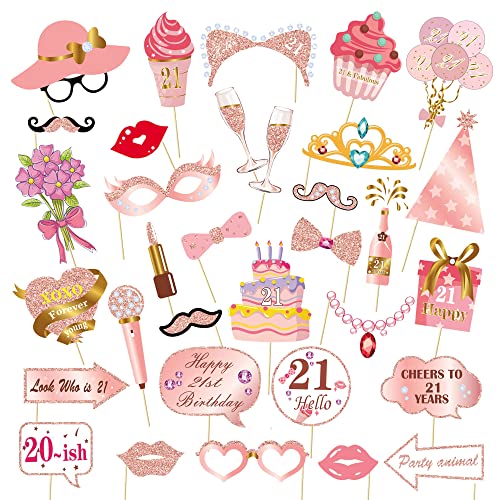 DWDZLXZ 33 pcs Rose Gold Glitter Birthday Photo Booth Props Kit, DIY Funny Happy Birthday Photo Props Set for Girl and Women Decorations with Sticks, Birthday Party Supplies (21st)