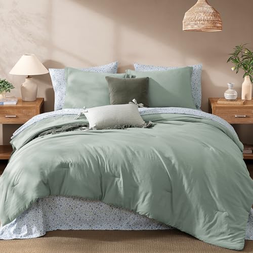 Monbix Full Size Comforter Set - 7 Pieces Sage Green Prewashed Bed in a Bag Full Bedding Sets with Comforters, All Seasons Ultra Soft Comforter Bed Set with Sheets,Pillowcases & Shams
