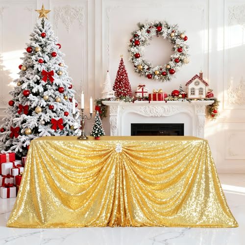 PartyDelight Gold Sequin Tablecloth 60x102 Rectangle High-Density 3mm Sequins Sewn