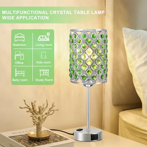 Hong-in Green Lamps for Night Stands-Crystal Table Lamp with USB-C+A & AC Charging Ports, 3-Way Dimmable Nightstand Touch Lamp, Bedside Desk lamp for Bedroom Living Room Home Office — view 6
