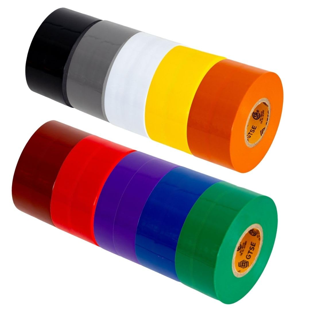 GTSE Nastro elettrico largo, confezione da 10 pezzi, impermeabile, in vinile di grado industriale, 5,1 cm x 1,8 m, forte nastro elettrico autoadesivo in PVC per isolamento dei fili, 7 mil, 600 V - UL