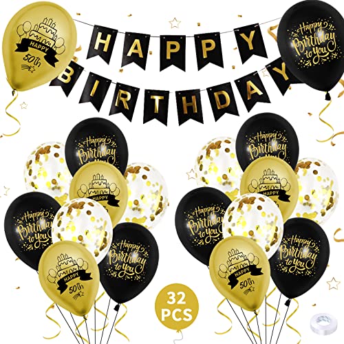 Décorations de 50e anniversaire, bannière de joyeux anniversaire, ballons de 50e anniversaire en or noir, ballons noir, decorations d'anniversaire de 50e garçons et filles Cover