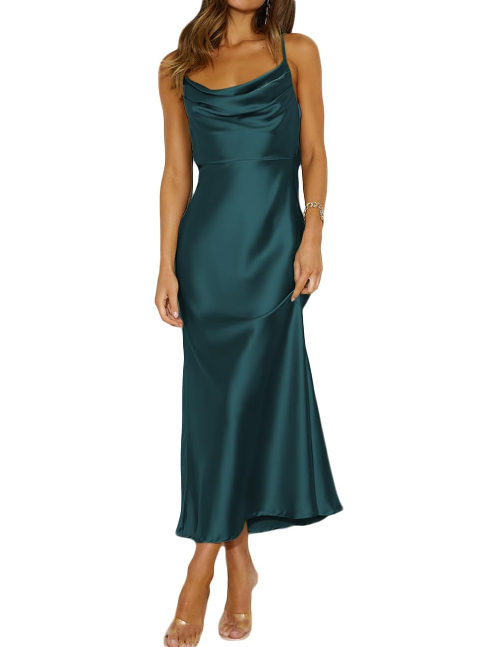 Summer Satin Spaghetti Strap Cowl Neck Backless Midi Dresses for Women Elegant Tie Low Back Ruched Cocktail Dress