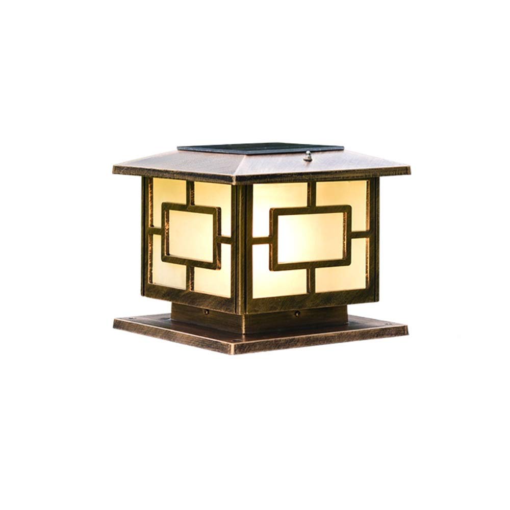 Lampe solaire extérieure rétro vintage IP65 étanche paysage LED lampadaire rue pelouse lanterne en verre en aluminium vitrine patio porche colonne lampe avec intelligent, lumière blanche-or 30 cm