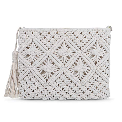QTKJ Women's Summer Beach Straw Crochet Clutch Bag Woven Envelope Tassel Bag with Zipper (White)