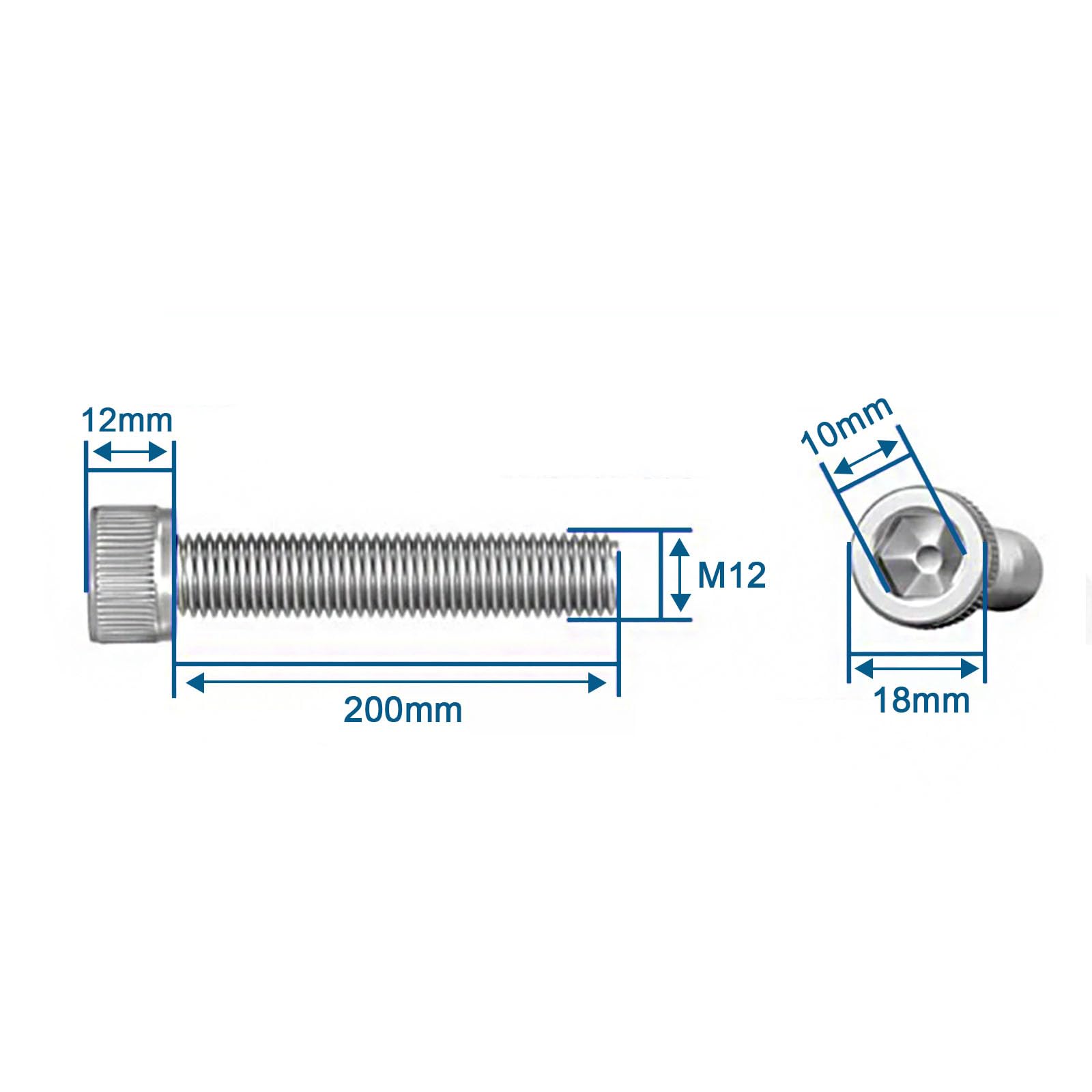 10 tornillos de cabeza de casquillo de acero inoxidable M12 304, 160-200 mm de longitud, tornillos hexagonales para equipos industriales y proyectos de bricolaje, M12 x 200 mm