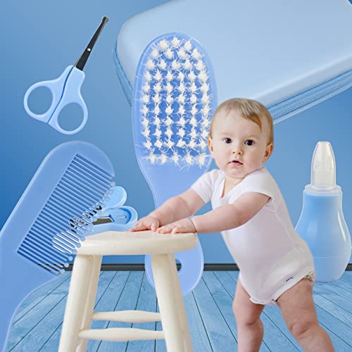 Zelinye Baby Grooming Kit, 8 In 1 Baby Hair Brush/Nail Clipper/Nose Cleaner/Finger Toothbrush/Nail Scissors/Manicure Kit For Baby Care Keep Healthy And Clean(Blue) #TOP1