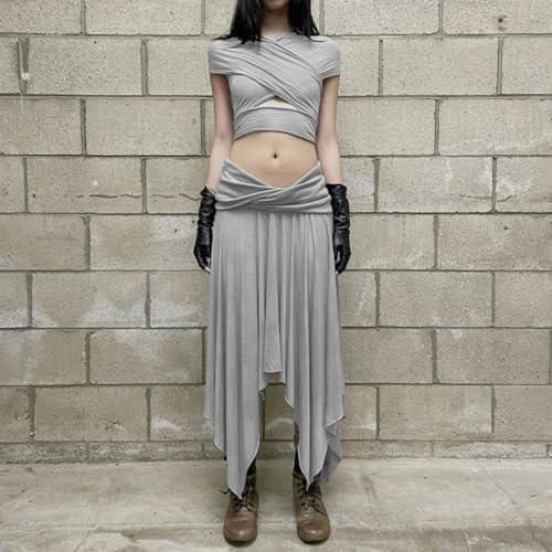 Women's Y2K Asymmetric Hem Ruched Mid Skirt Low Waisted Ruffles Mid Long Skirt Loose Flowy Elastic Waist Skirt2