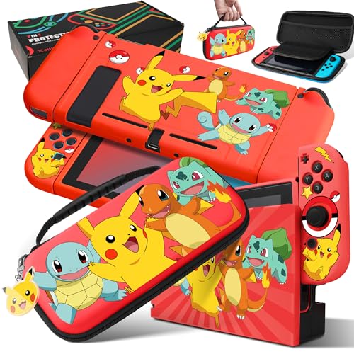 Carrying Case Compatible with Nintendo Switch, Protector Joy-Con Case & Dock Cover & Travel Bag Case & Keychain 7 in 1 Accessories Kit Set Switch Carry Cases for Boys Girls Kids – Red Poke