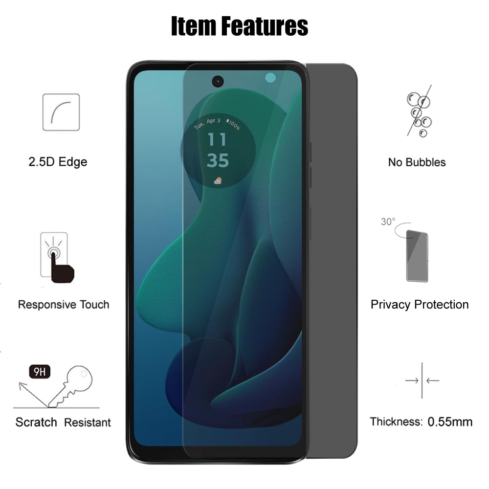 (3+3) - Protector de pantalla de vidrio templado privado antiespía para Motorola Moto G 5G 2024 (3 unidades) y 3 protectores de lente de cámara