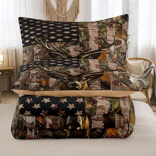 Image of Tailor Shop 5PCS Deer Comforter Sets Full Bedding for Boys Kids Teens,American Flag Camo Bedding Sets Hunting Comforter Sets