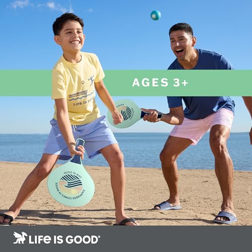 Life is Good Wooden Paddle Ball Set (Teal Tie Dye), 2 Thick Wood Paddles and 2 Balls, Classic Beach and Backyard Toss Game for Kids and Adults, Outdoor Summer Lawn and Park Activity