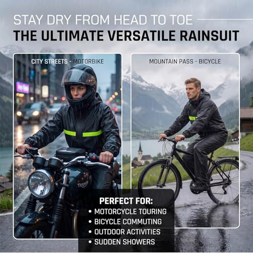 Image of HACER Raincoat with Reflective Strip Hooded and Adjustable Waterproof Poncho Rainwear Reversible Polyester Reusable Rainsuit for Sports Bikers Riding Camping Men & Women (Black, XXL)