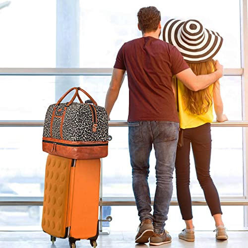 Image of Weekender Bag for Women, Large Overnight Bag Canvas Travel Duffel Bag Carry On Tote with Shoe Compartment 21 inch 3Pcs Set, A02-brown+brown leopard, Large, Practical