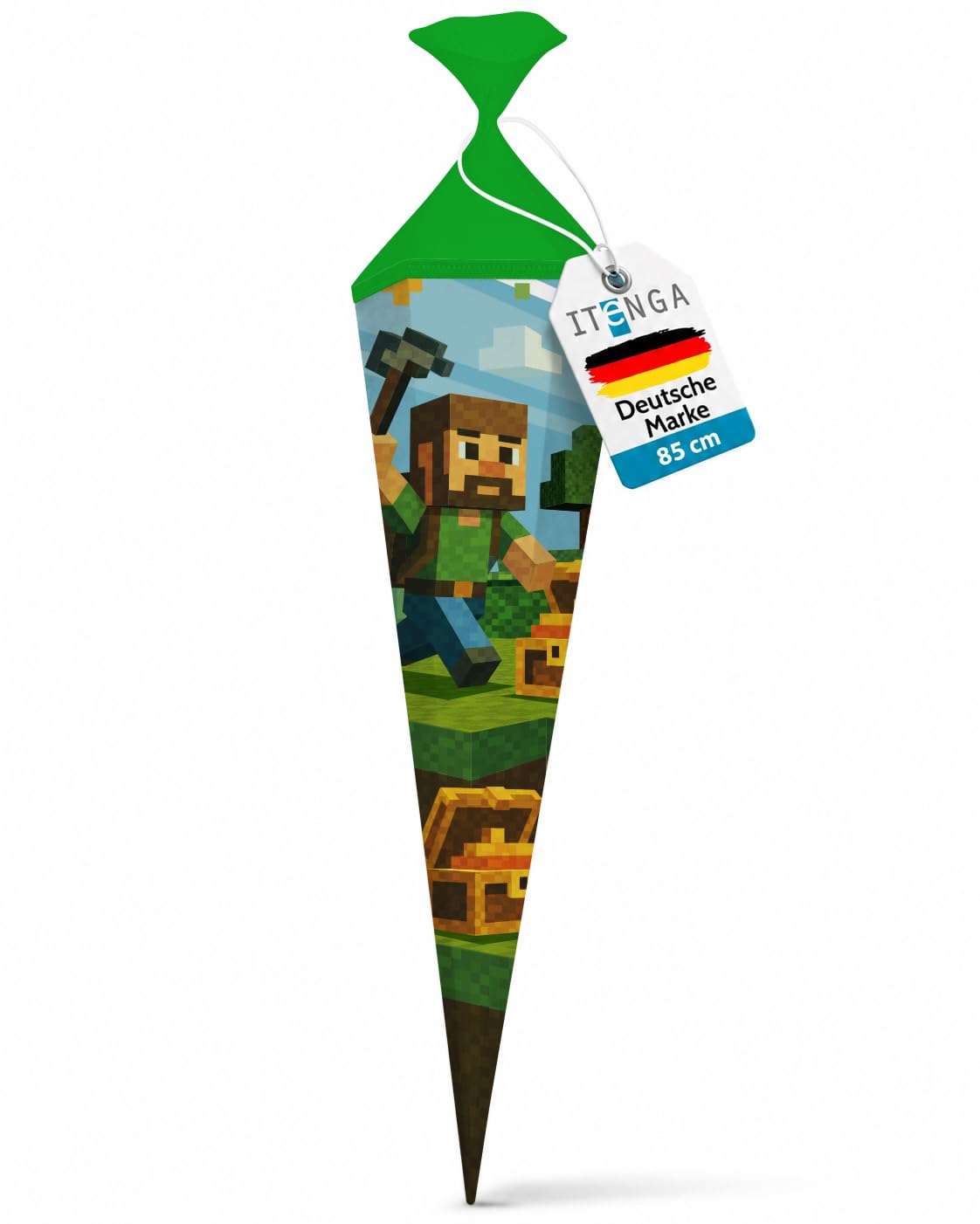 itenga Motiv Schultüte 85cm für Jungen – eckig mit Tüllverschluss – stabile Zuckertüte - Motiv, z. B. Dinosaurier, Traktor, Rennauto, Feuerwehr, Polizei, Fußball (Blockgame Pixel)