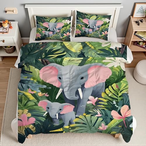 Parure de lit 90x190 éléphant avec housse de couette forêt microfibre douce