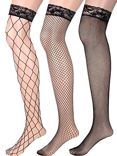 3 Pairs Fishnet Thigh High Stockings Black Sheer Lace Top Stockings for Women Wearing Favor (Plus Size)